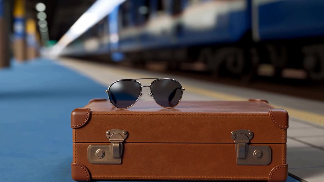 Centered close-up of retro brown leather suitcase with metal latches and aviator sunglasses resting on indoor train platform, with sharp foreground detail, blurred blue carriage, cool light, and