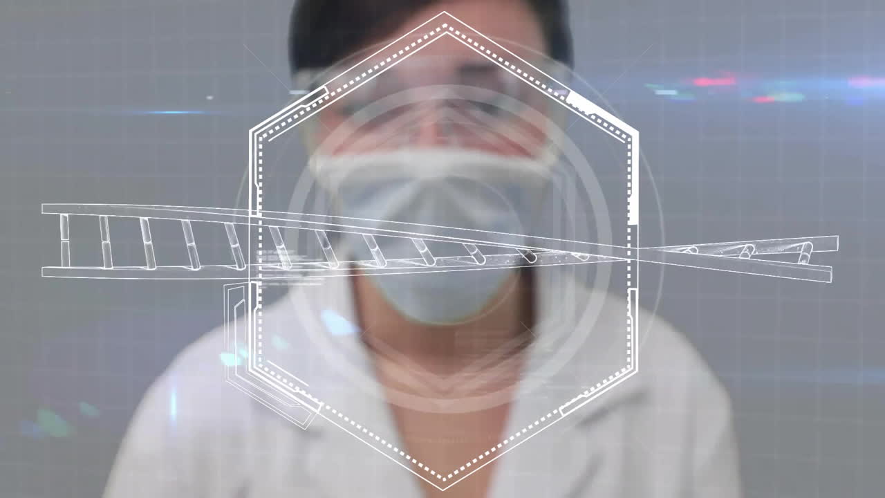 회색 배경에 백인 여성 과학자 위에 dna 스트랜드로 데이터 처리의 애니메이션