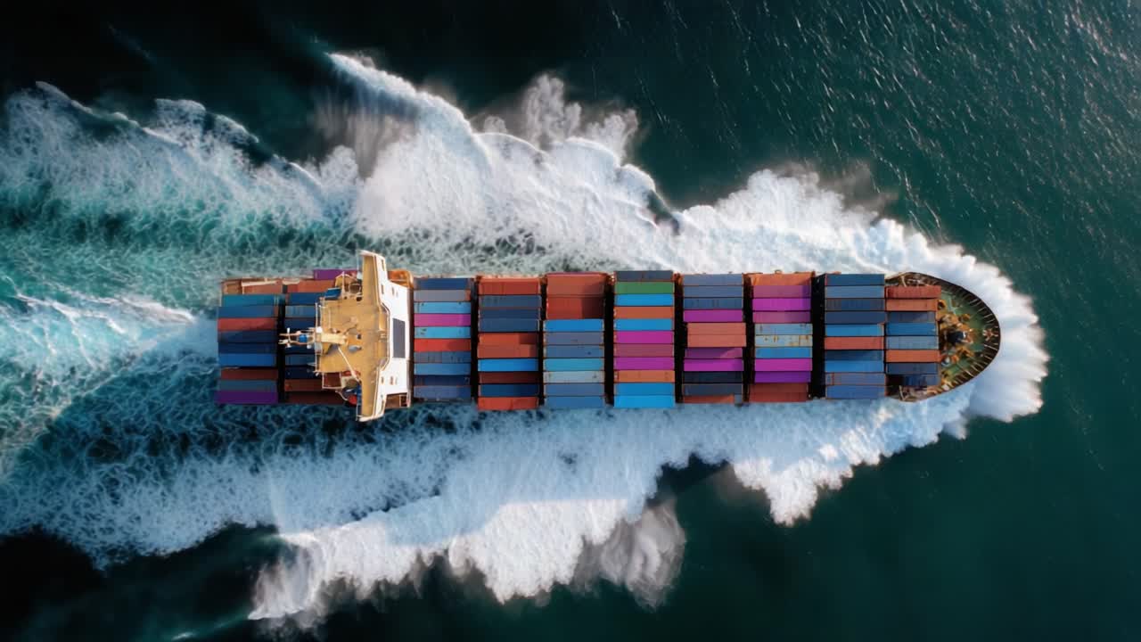 Majestic Container Ship Navigating the Turbulent Waves, Showcasing its Colorful Cargo Amidst a Stunning Oceanic Background