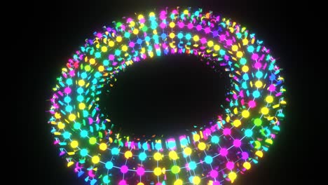 vj loop rotation of an abstract torus flashing with multicolored lights.