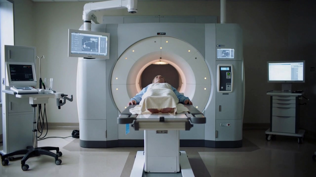 Paziente anziano in camice e coperta che viene fatto scivolare nell'apertura dello scanner mentre le luci ad anello si attivano per la scansione