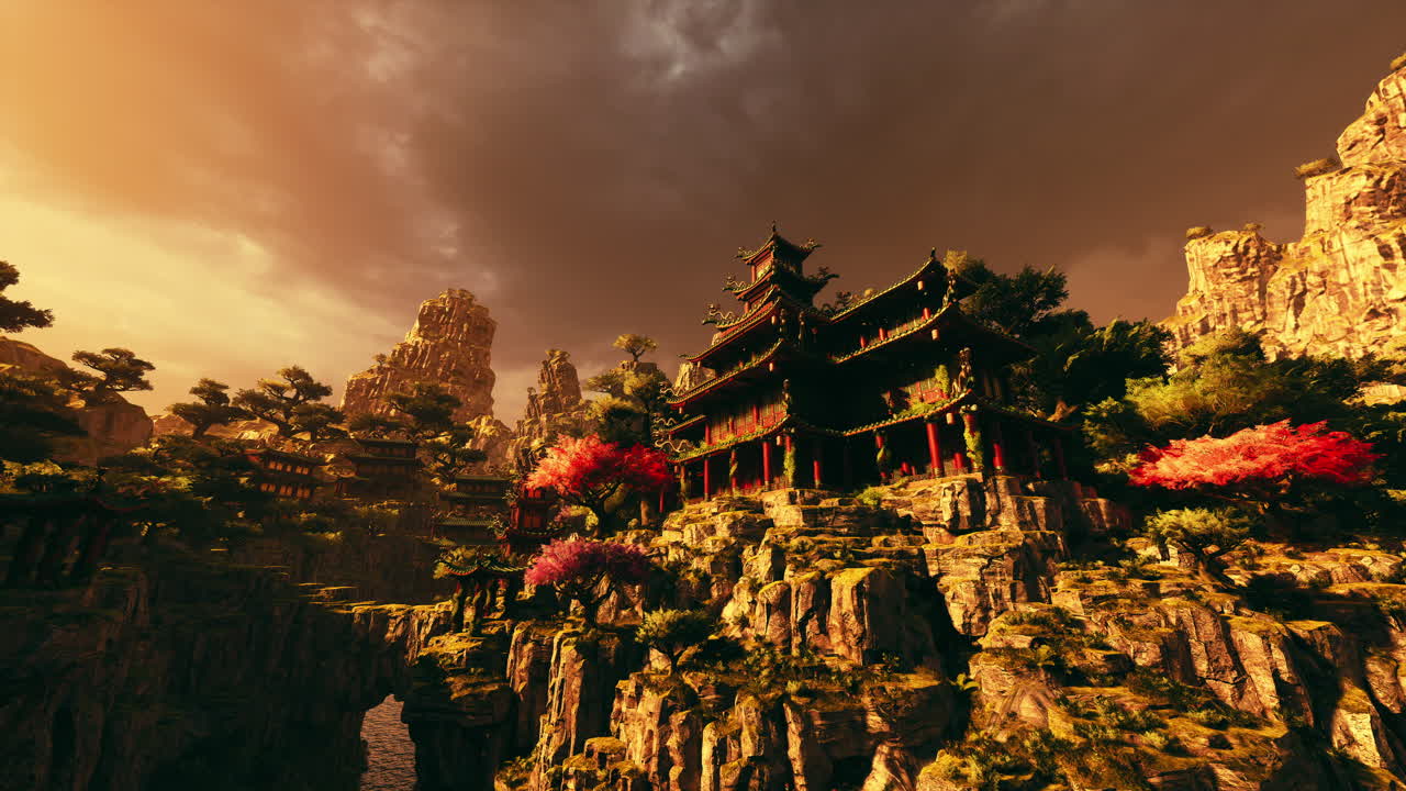 Ancient asian temple nestled in majestic mountains during sunset glow