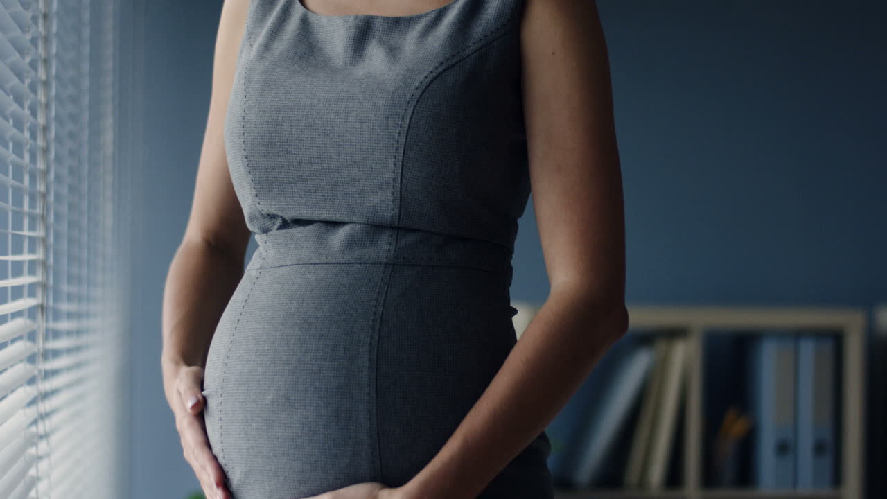 사무실에서 그녀의 배를 애무하는 임신한 여성 사업가의 손을 자세히 보기