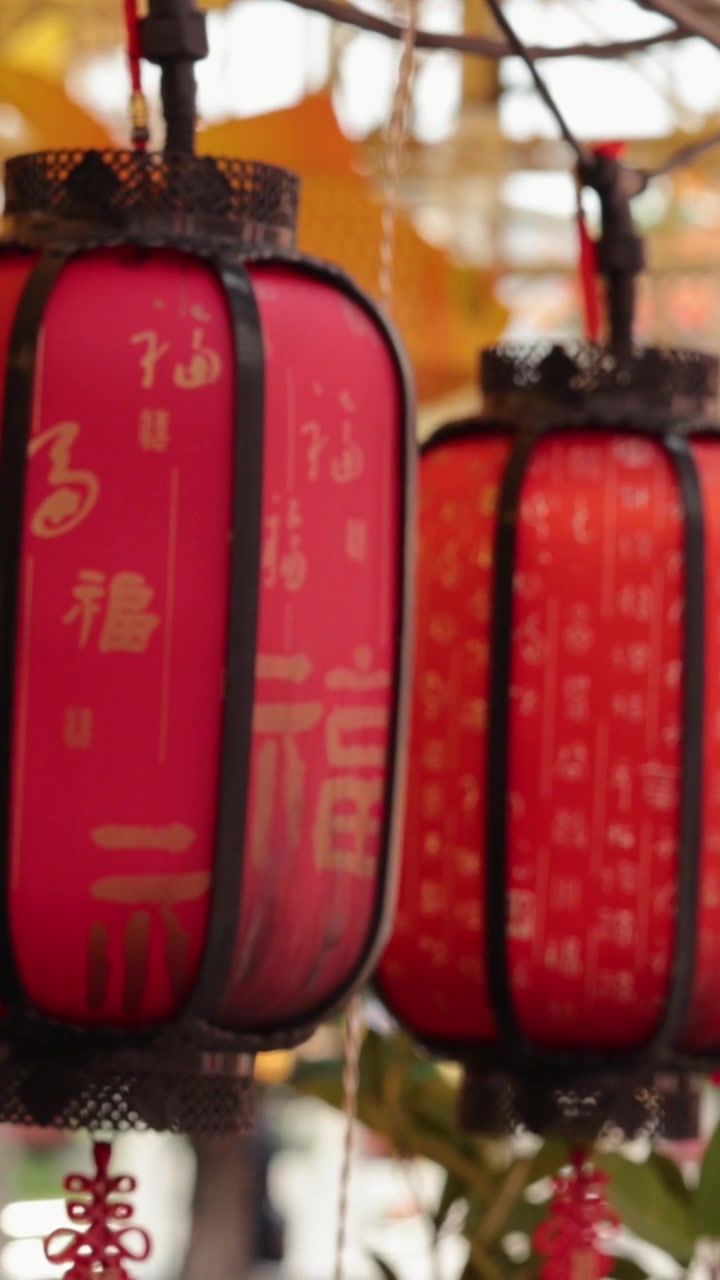 A vertical close-up shot of vibrant red lanterns hanging during a festive cultural celebration.