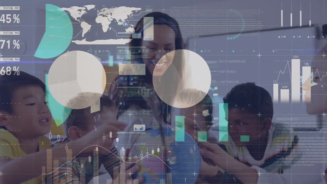 Animation of data processing over diverse schoolchildren learning with teacher