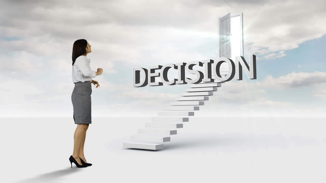 계단에 놓인 단어를 보는 사업가