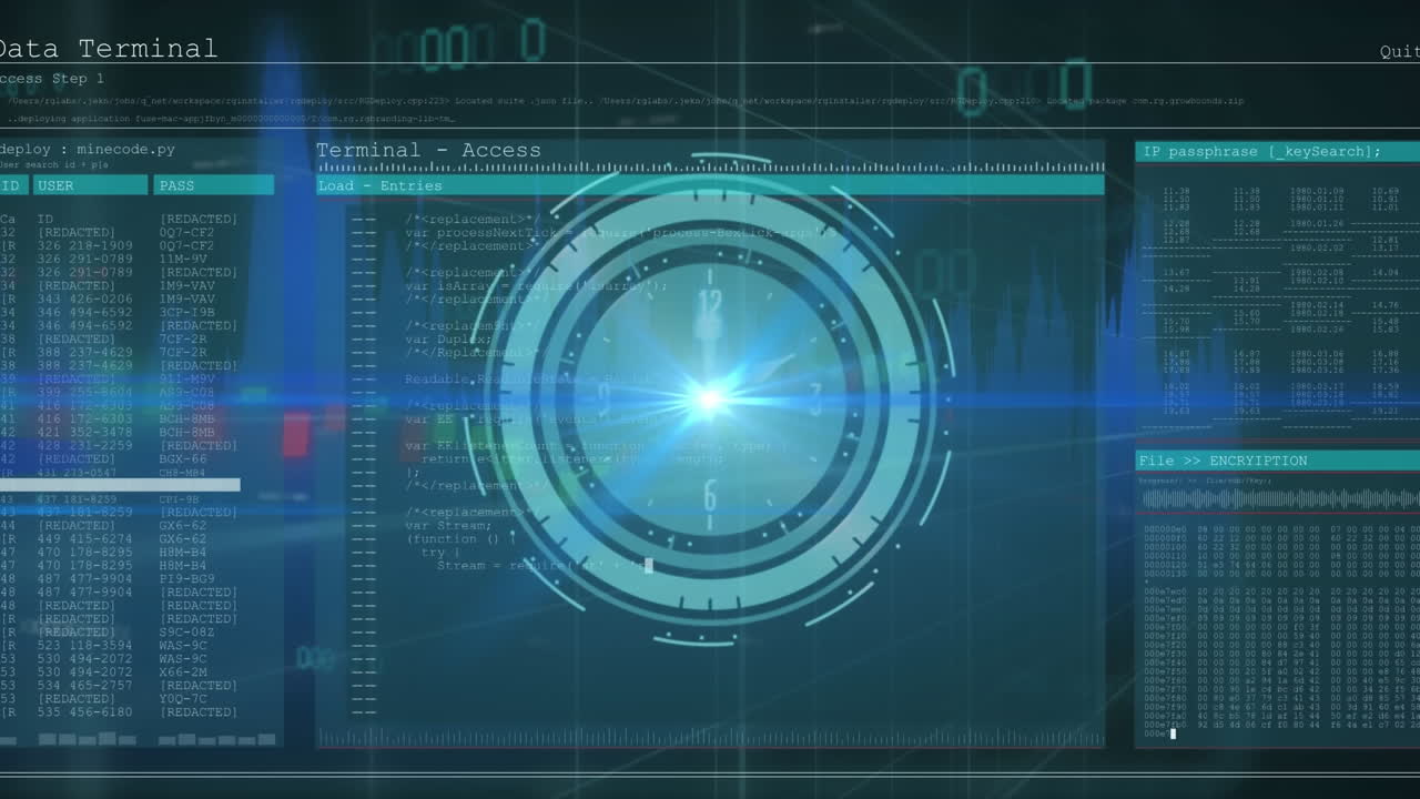 animación del procesamiento de datos sobre un reloj en movimiento sobre fondo negro