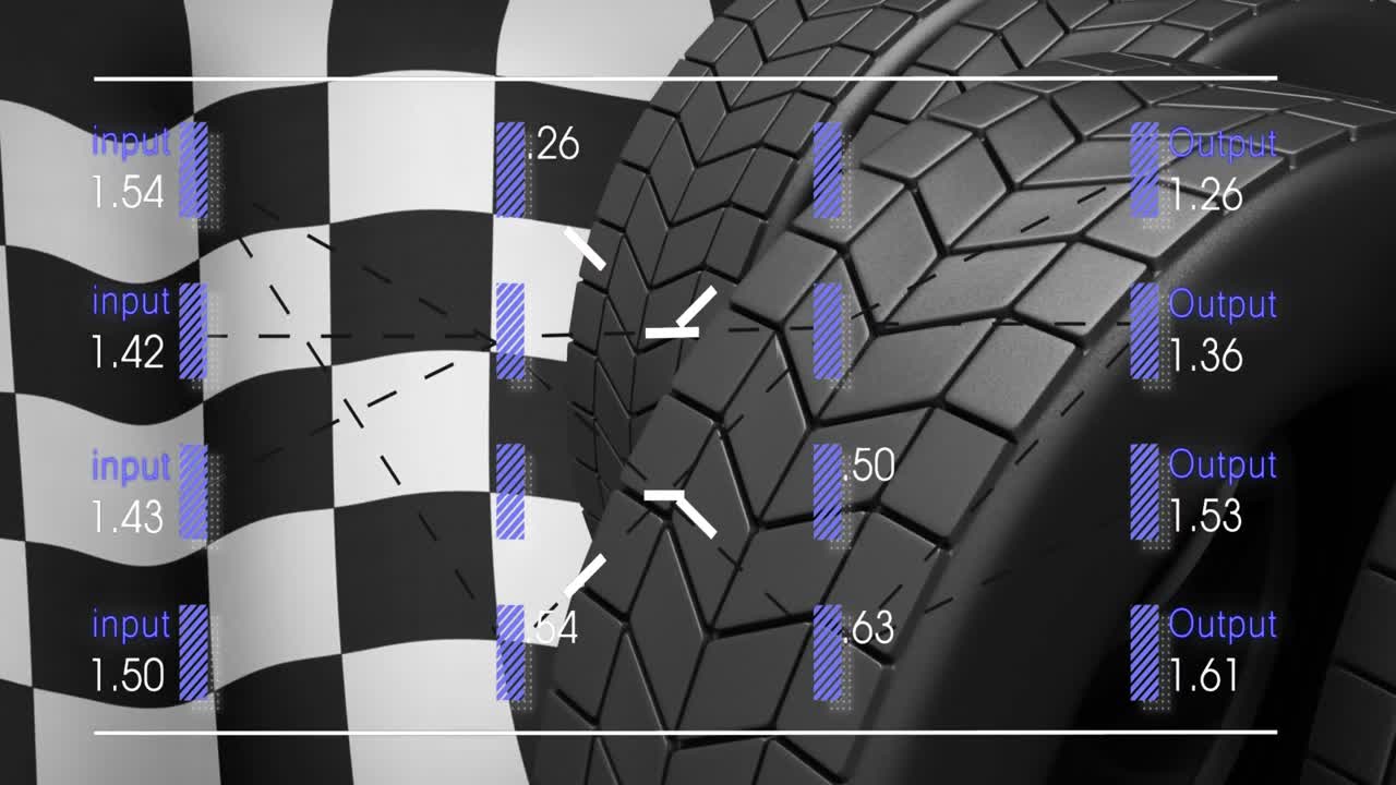 animación de la bandera de meta y procesamiento de datos sobre los neumáticos