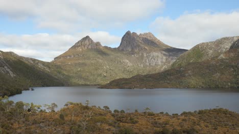 fixed, wider shot of cradle mountain tasmania, overlooking dove lake