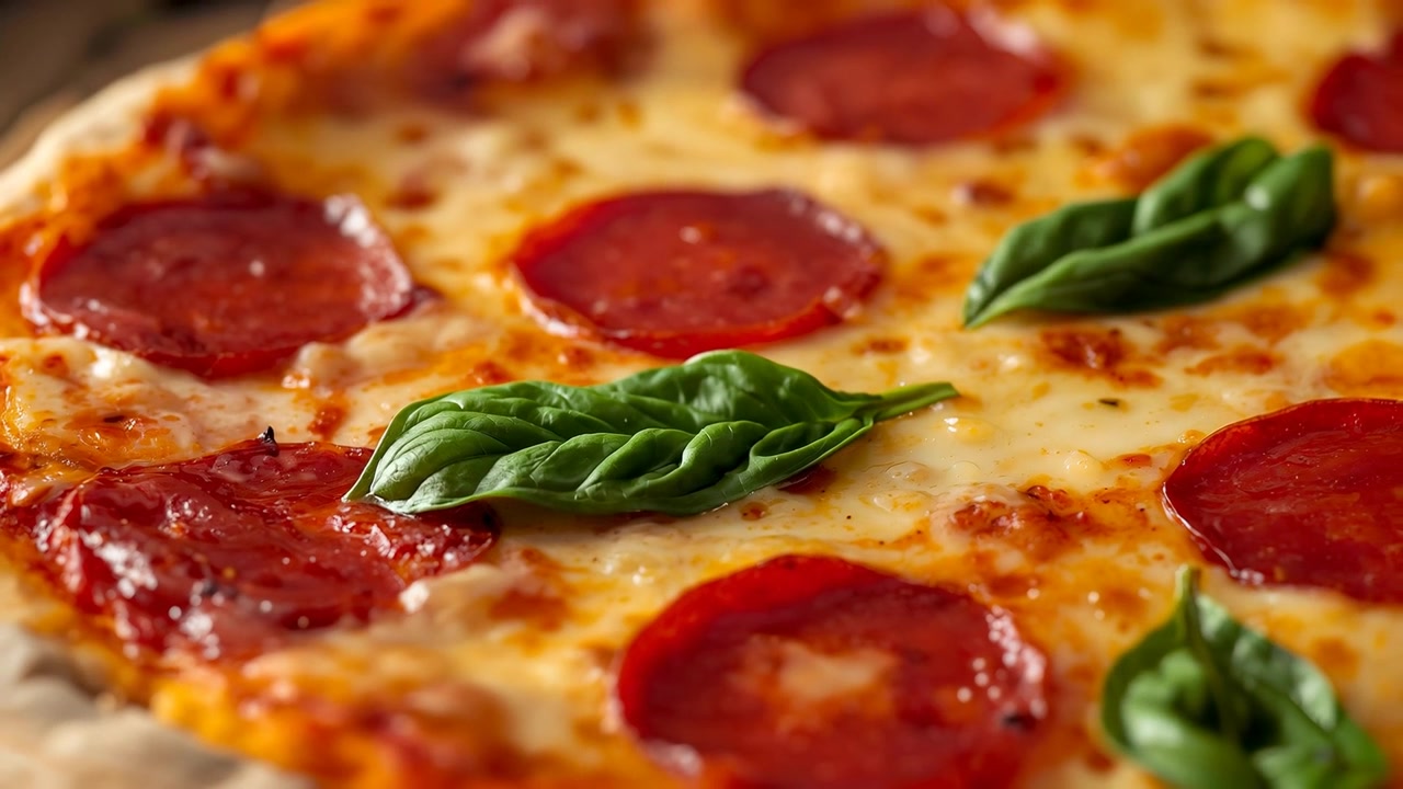 Telecamera che zooma, mettendo a fuoco una pizza ai peperoni su un tavolo da studio, evidenziando il basilico.