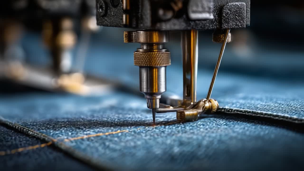 Close-up de Máquina de Costura Industrial Costurando Tecido Jeans, Demonstrando Precisão e Habilidade Artesanal na Produção Têxtil.