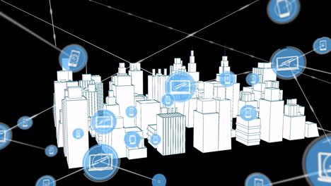 digital devices and connectivity icons animation over white cityscape on black background