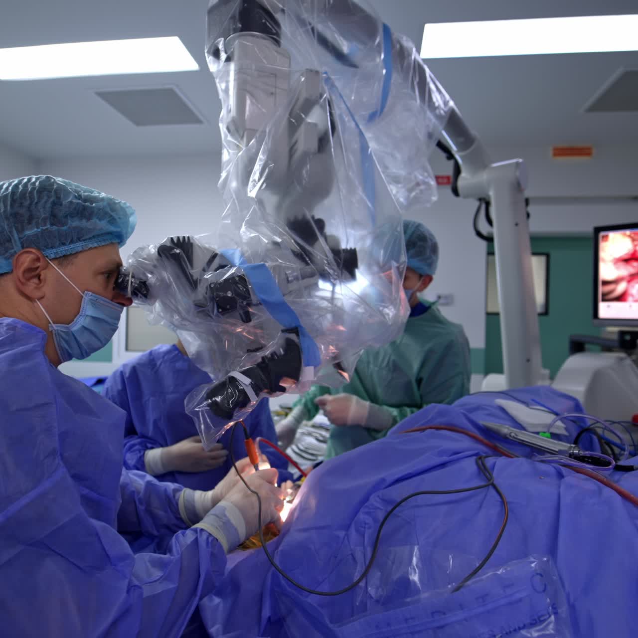 Confident neurosurgeon looking attentively at microscope binocular. Surgery is shown on the screen at backdrop