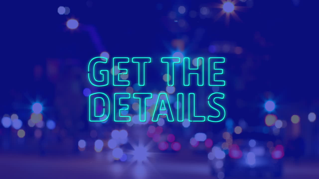 Animation of get the details text over cityscape at night on blue background