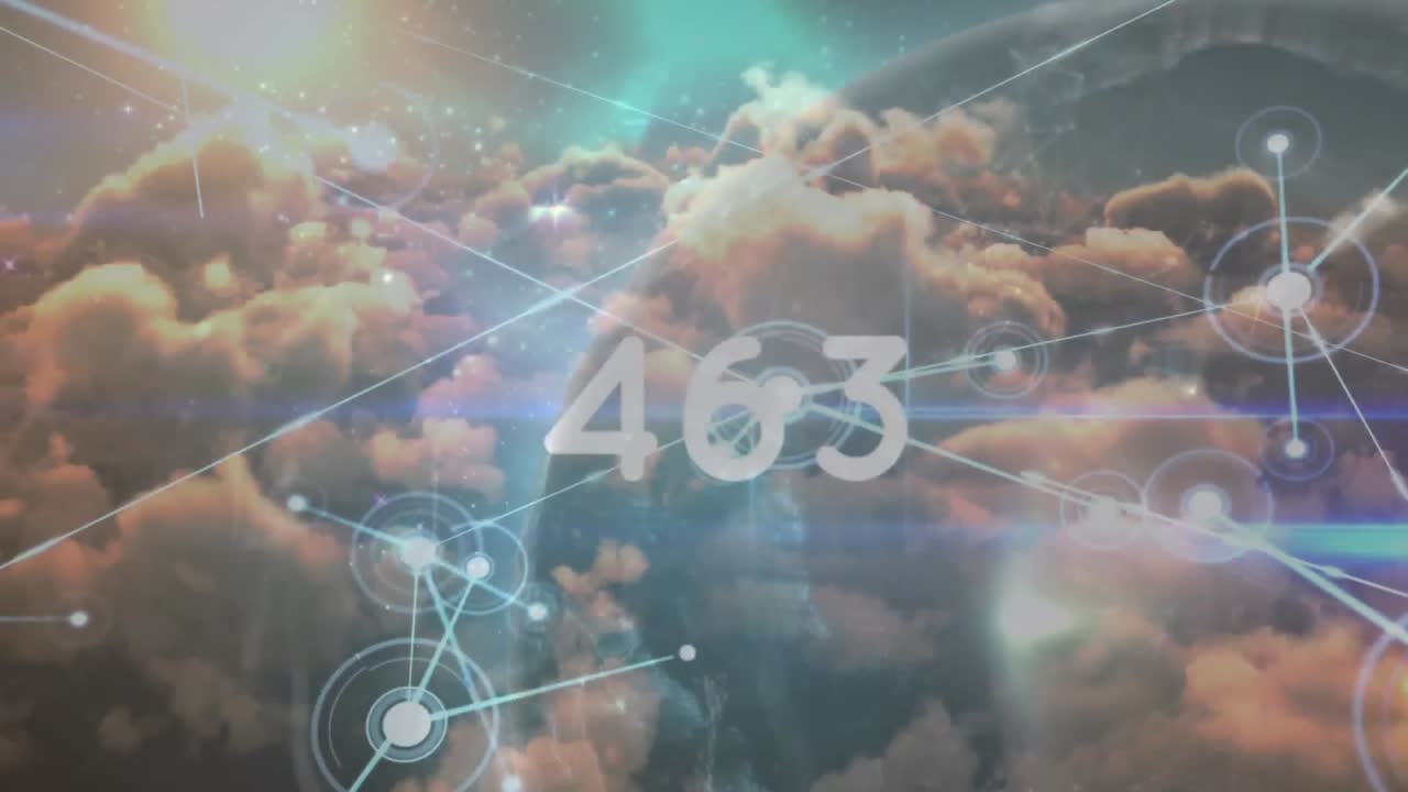 анимация растущего числа с сетью соединений и глобуса над небом с облаками