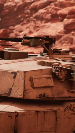 close-up of a military tank in the desert