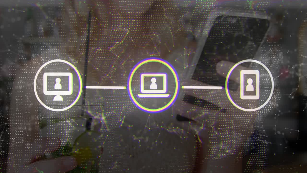 overlay fading in while woman holding smartphone and mint drink watches icons linking devices