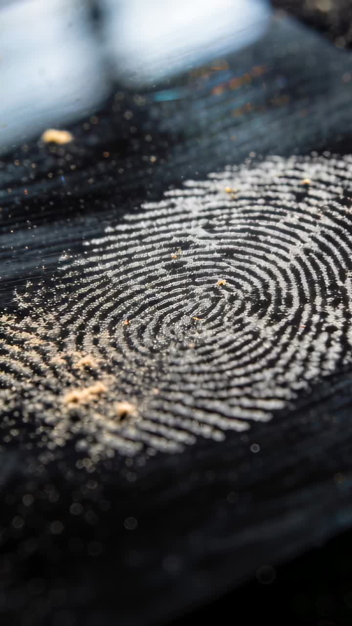 Vidéo verticale: La caméra changeant de mise au point, révélant une trace d'empreinte poussiéreuse sur du verre foncé, montrant de la poudre.