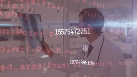 Animation-of-changing-numbers-and-computer-language-over-caucasian-doctor-analyzing-x-ray-report