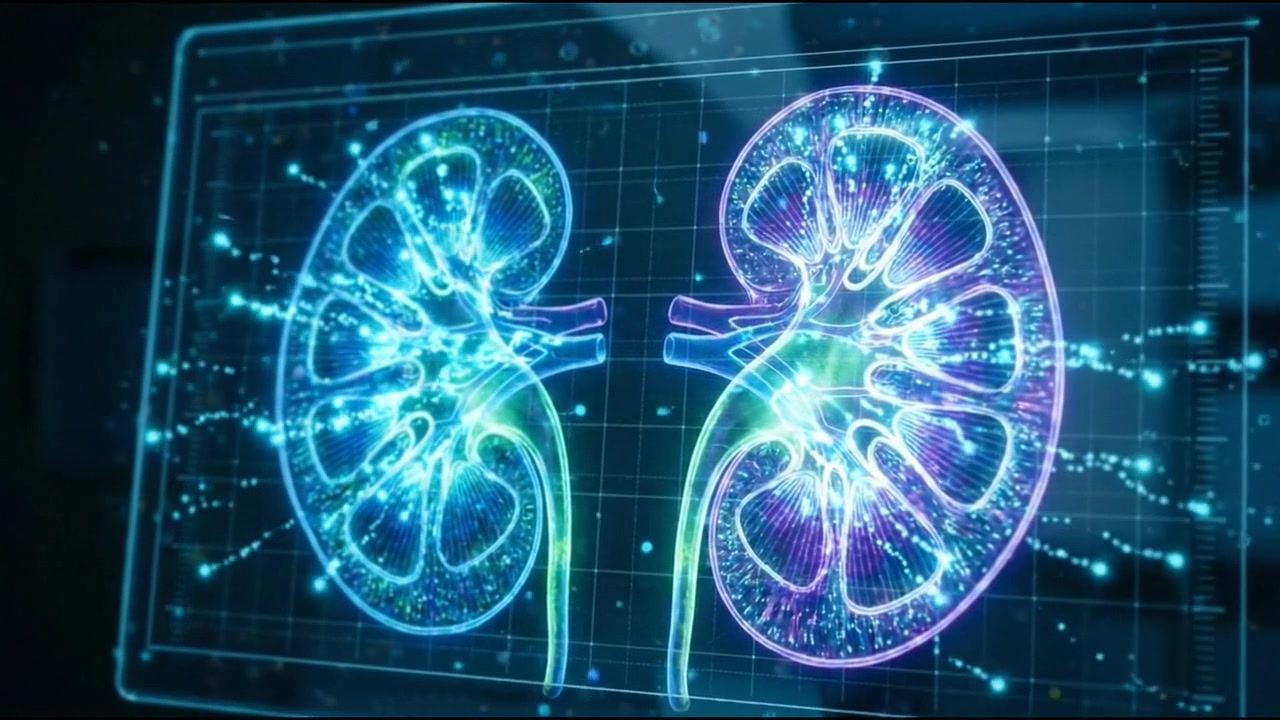 Digital paired kidneys with purple internal structures on medical interface