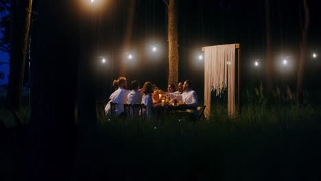 amigos cenando en un bosque por la noche