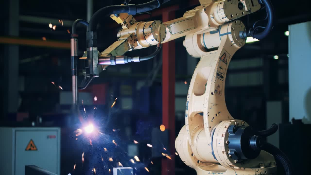 Advanced Robotic Arm Performing Precision Welding in an Industrial Setting, Showcasing Sparks and Innovative Technology in Modern Manufacturing Processes