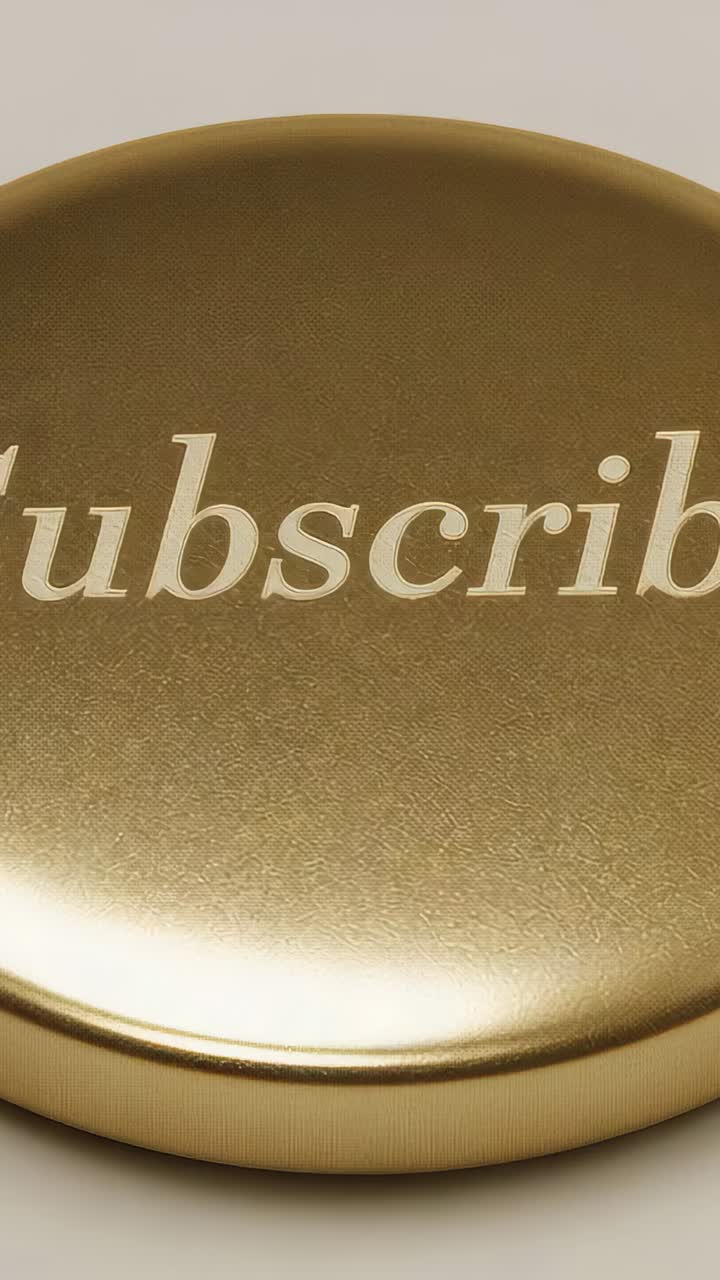 Vertical video: Panning camera revealing gold disc rotating to show Subscribe on light tabletop