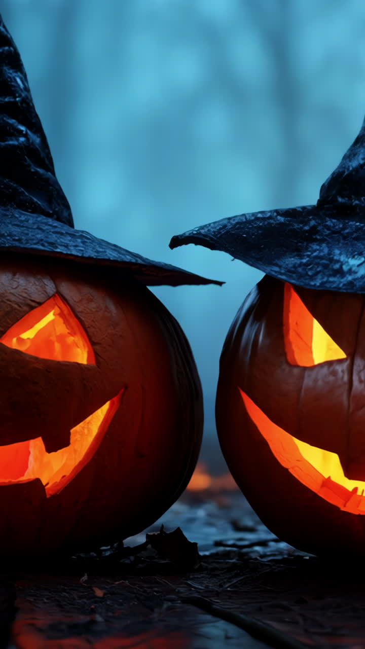 Two pumpkins with scary faces and witch hats are lit up. The scene is set in a dark forest, with smoke in the background