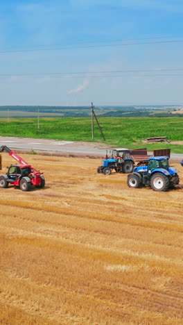 picking bales of wheat hay at the agricultural field. machines at farmlands work to pick up the straw left after mowing the bread. vertical video
