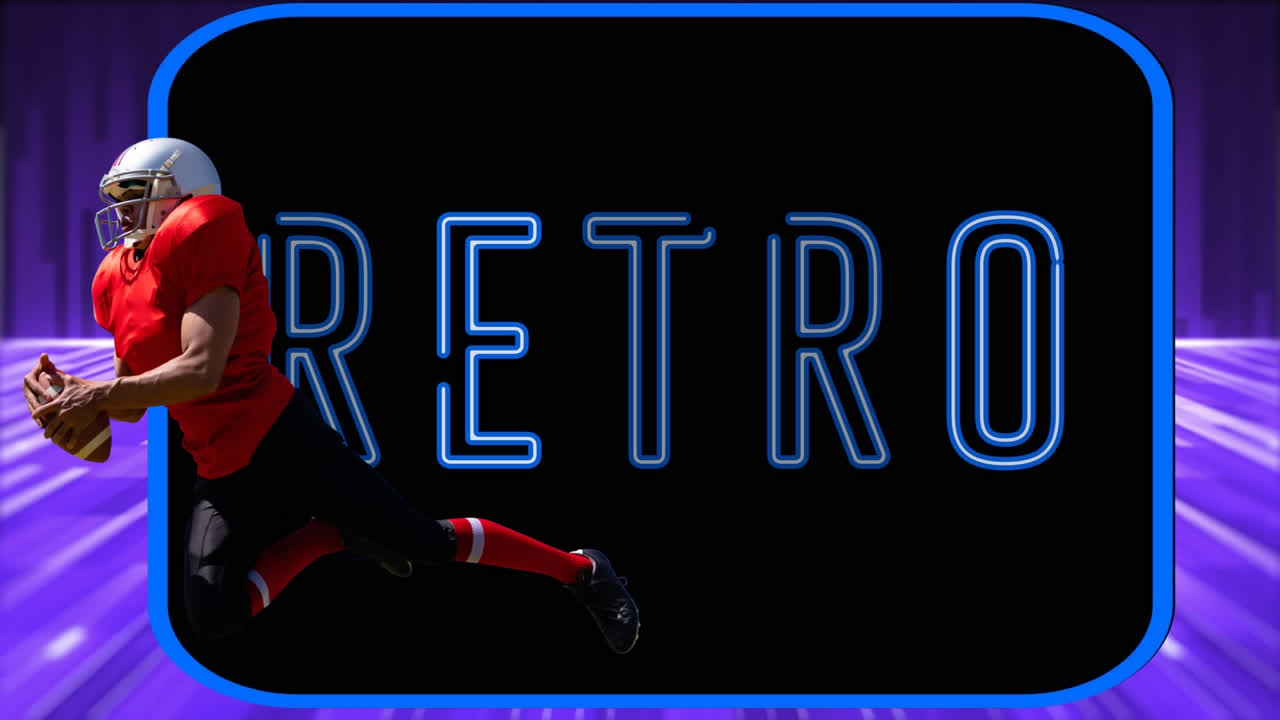 백인 남성 럭비 선수의 애니메이션과 레트로 텍스트