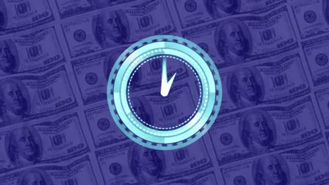 Digital-animation-of-glowing-clock-ticking-against-american-dollars-bills-in-background