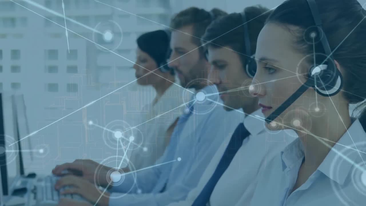 Animation of network of connections over caucasian female customer care executive smiling at office