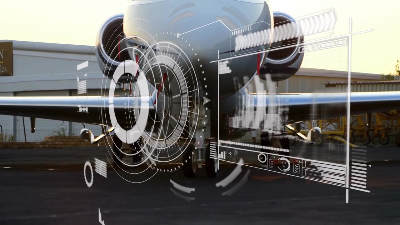 Airplane on airport tarmac with futuristic digital interface animation overlay