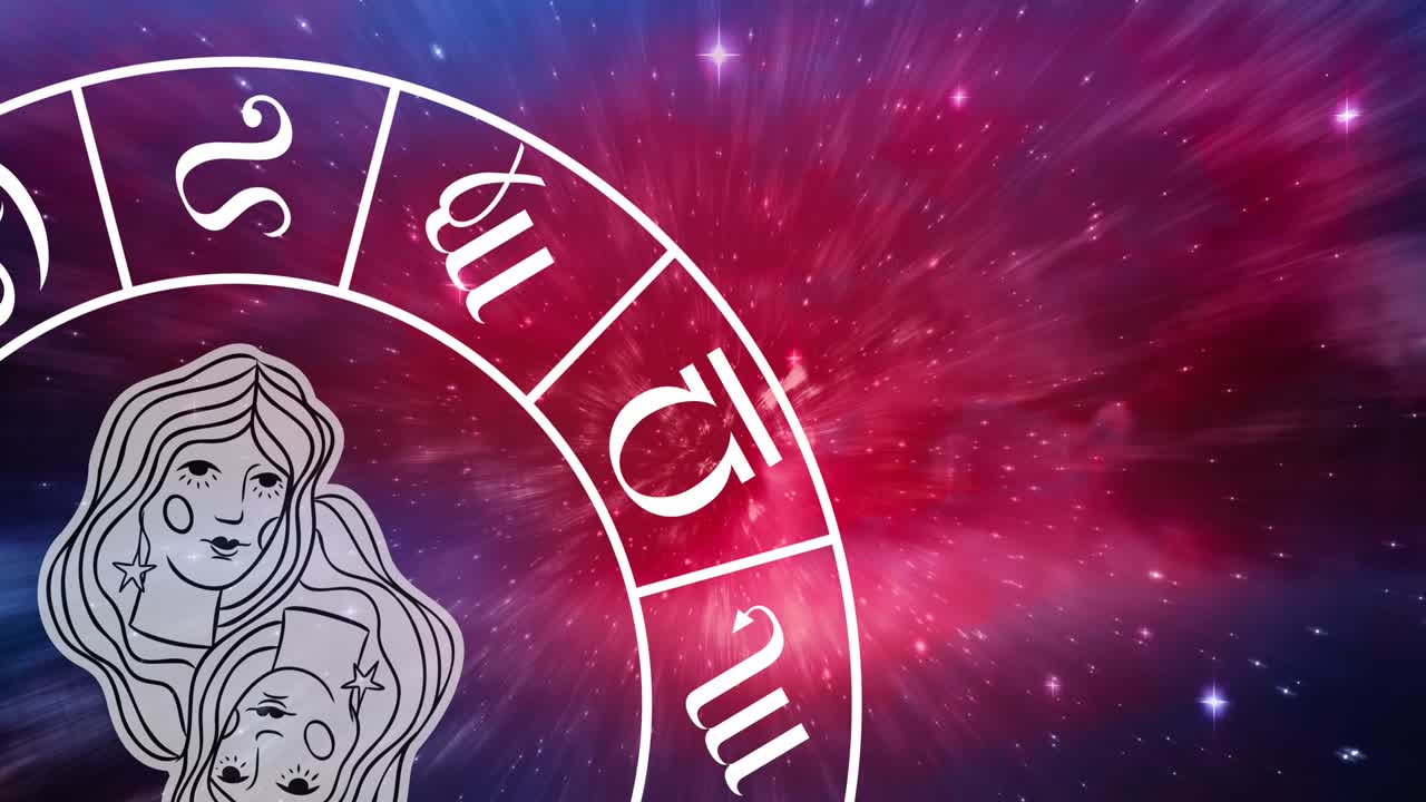 animación del símbolo del signo de la estrella gemini en la rueda giratoria del horóscopo sobre las estrellas brillantes