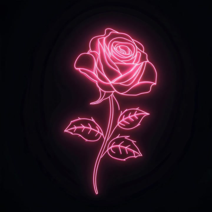 Insegna al neon rosa brillante a forma di rosa su sfondo nero
