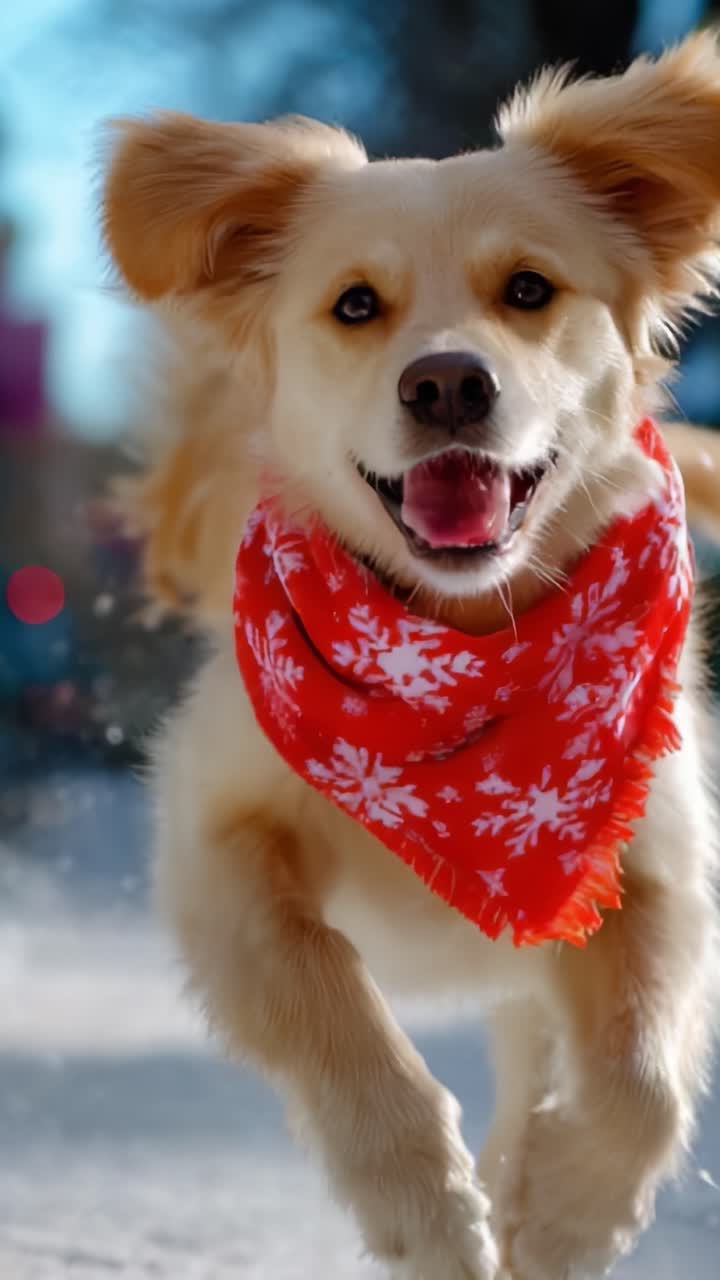 Kırmızı atkılı neşeli bir köpek, karlı bir arazide mutlu bir ifadeyle koşuyor. Bu görüntü, doğada kış eğlencesini ve oyuncu ruhunu yakalıyor