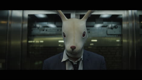 Man with a rabbit head in an elevator