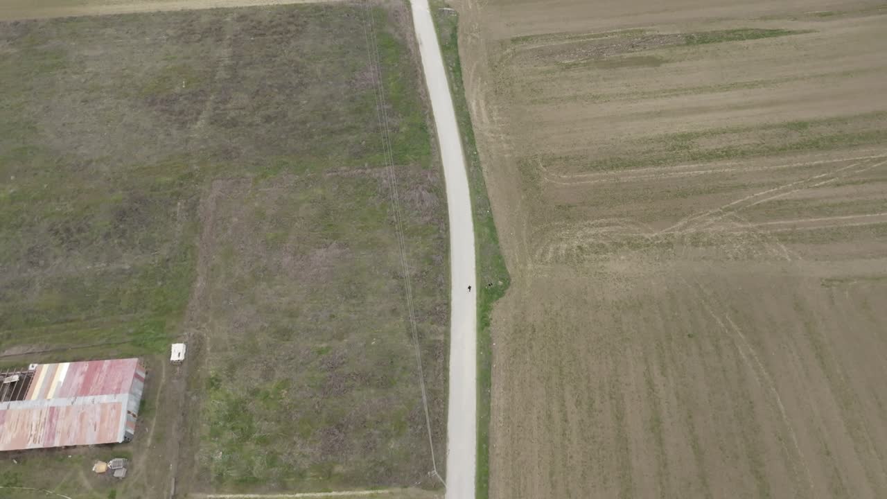 Aerial drone tracking view of runner on long countryside road, surrounded by open fields and rural scenery.