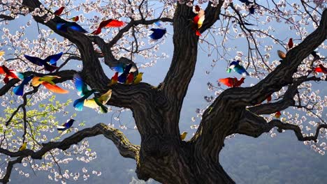 vibrant birds in flight around a blossoming tree, captured from a low-angle