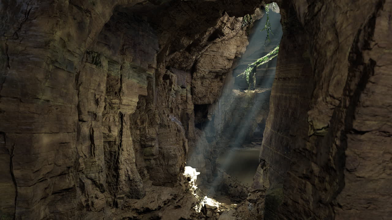Exploring a mysterious cave illuminated by sunlight filtering through crevices