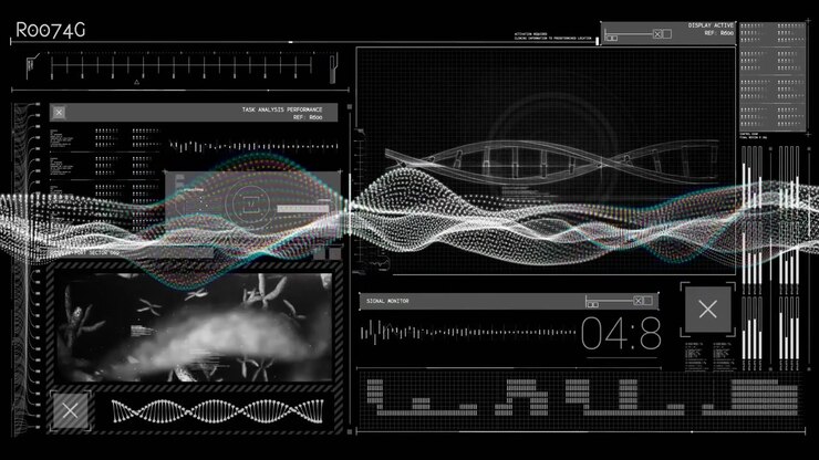 HUD waveform animating as points appearing, helix forming and readout climbing for monitoring