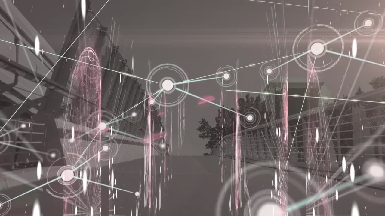 анимация сети соединений с иконами над городским ландшафтом