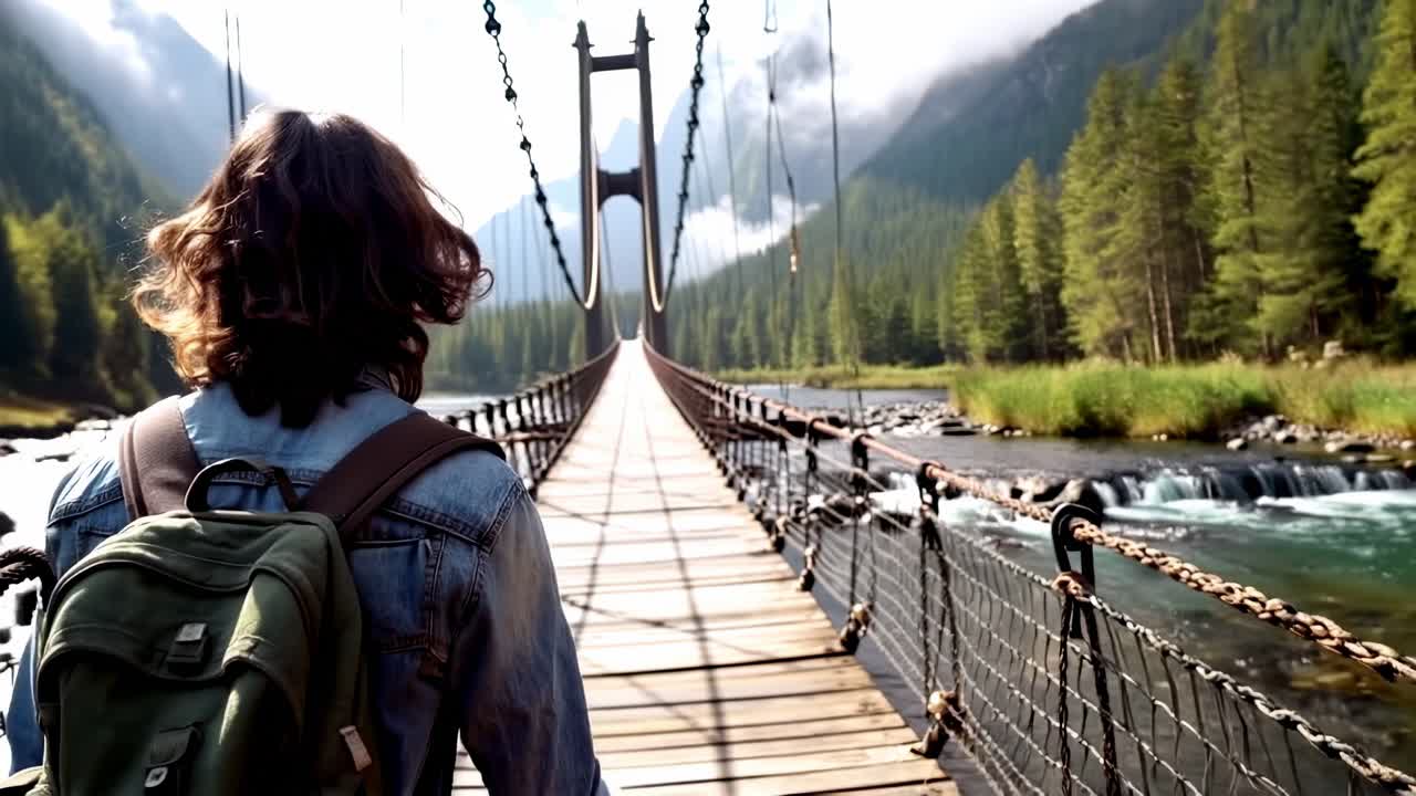 Rear view of a male backpacker crossing a suspension bridge over a gently flowing river.