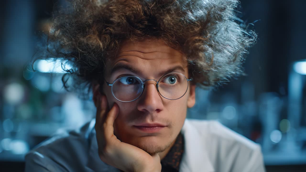 Curious Scientist Deep in Thought, Contemplating Complex Ideas and Concepts in a Laboratory Environment with Dramatic Ambient Lighting