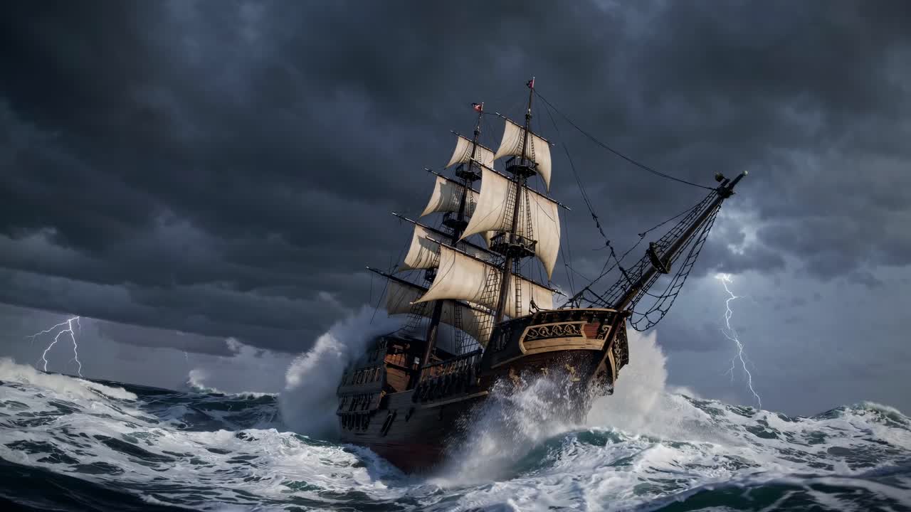 Fotograma espectacular de un barco antiguo luchando contra un mar tormentoso, capturado desde un ángulo bajo