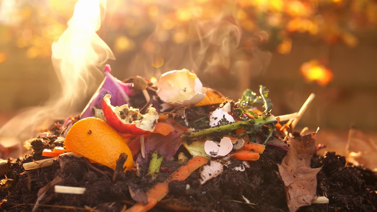 Close-up video of steaming compost with vibrant food scraps, shot at ground level in warm sunlight