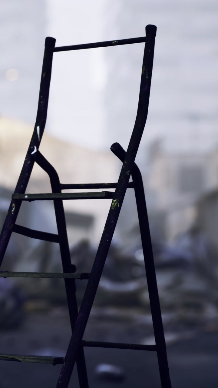Ladder standing tall against the backdrop of an abandoned urban landscape