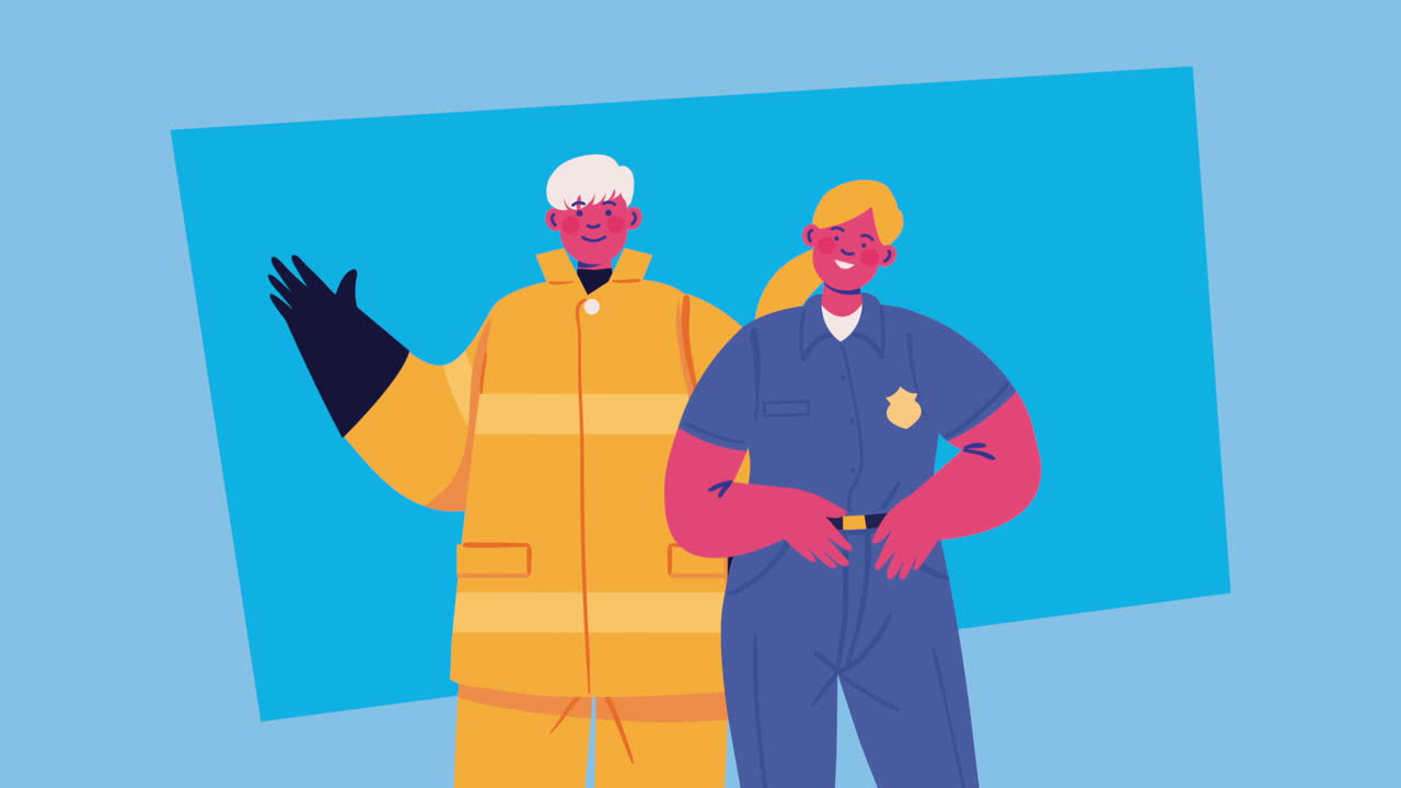 animazione di personaggi dei vigili del fuoco e della polizia