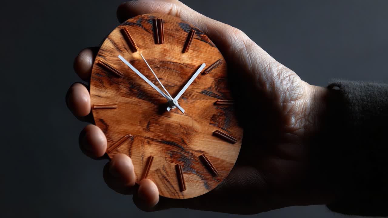 A Hand Holding a Stylish Wooden Clock Showcasing Unique Craftsmanship and Natural Materials, Emphasizing Timekeeping with a Modern Aesthetic in a Minimalistic Setting