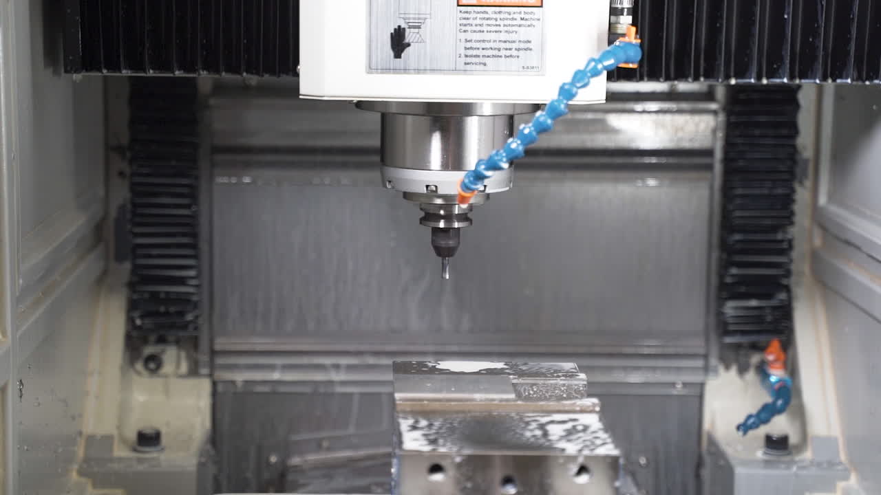 Automatic CNC machine starting drilling, cooled by a cutting fluid